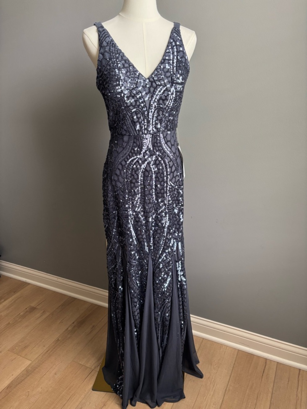 Night Way Collections Navy Blue Sequined V-Neck Maxi Dress